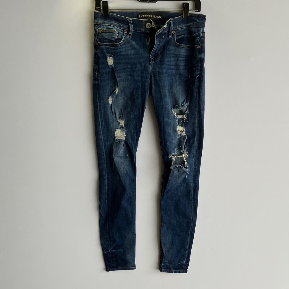 Express Women's Ripped Dark Blue Skinny Jeans